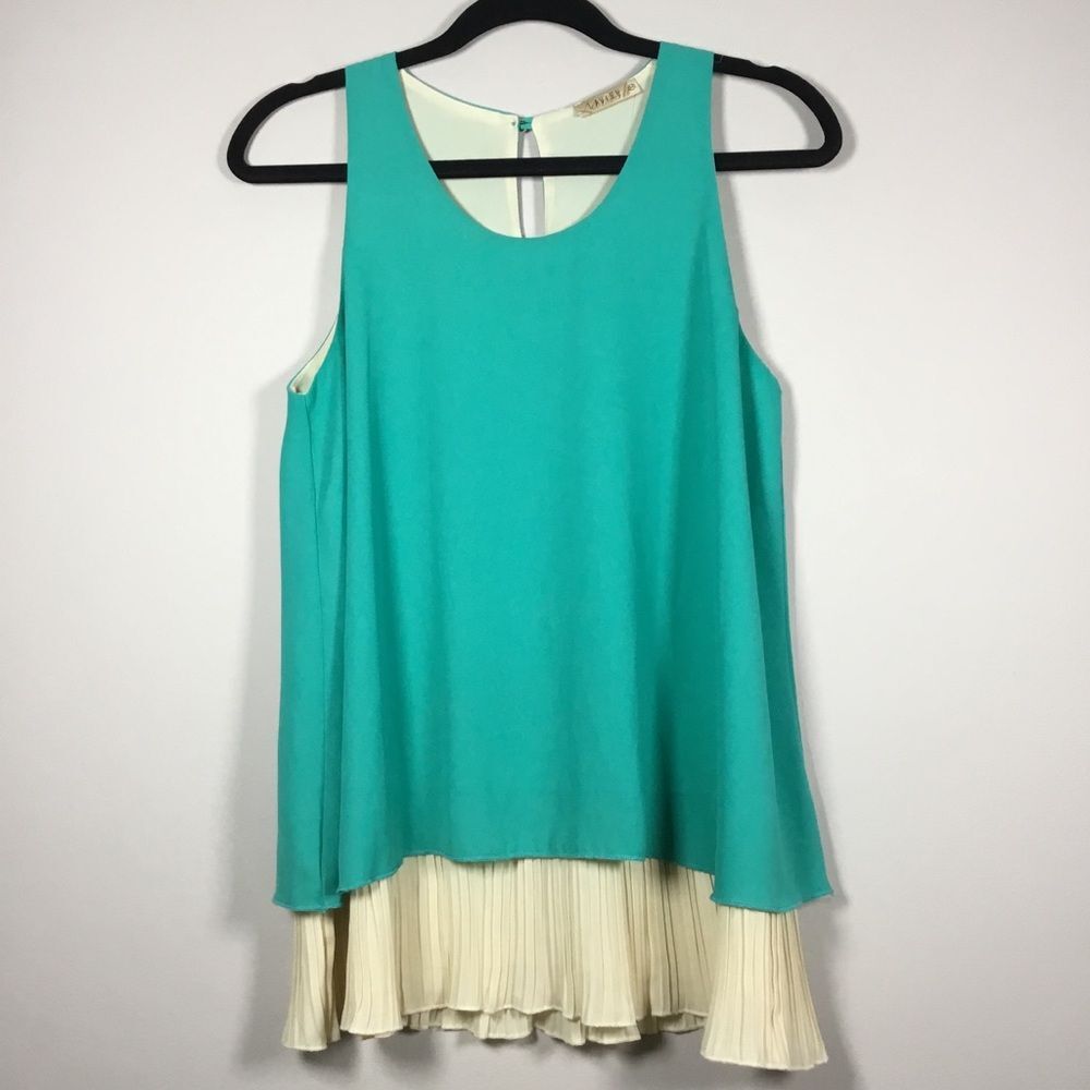 Aqua floaty tank top with pleated cream inner keyhole back closure size M